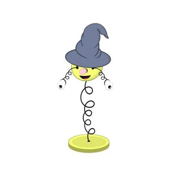 Funny cartoon spring in a wizard s hat - with head, eyes and mouth, stands on Stock Illustration