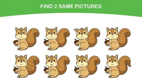 Funny cartoon squirrel. Find two same pictures. Educational game for children Stock Illustration