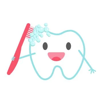 Funny cartoon tooth brushing itself with big red toothbrush. Happy smiling clean Stock Illustration