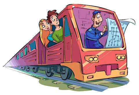 Funny cartoon train driver sits in the cab of the train and looks at the map. Stock Illustration