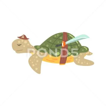 Funny cartoon turtle pirate in a hat with a sword colorful character vector Stock Illustration