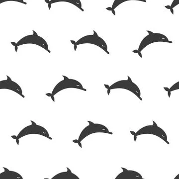 Funny cartoon vector dolphin fish seamless pattern over white background. Black Stock Illustration