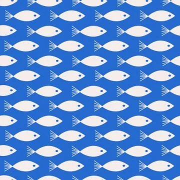 Funny cartoon vector fish seamless pattern over blue background. Black and blue Stock Illustration