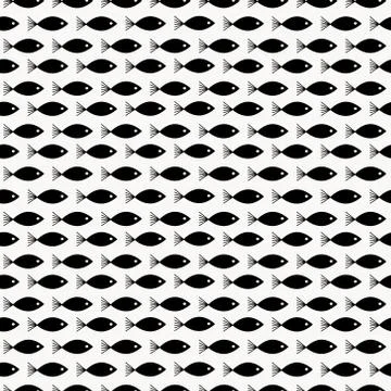 Funny cartoon vector fish seamless pattern over white background. Black and Stock Illustration