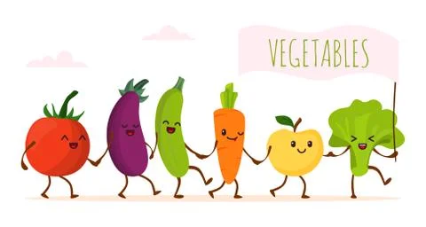 Funny cartoon vegetable walking, vector illustration. Happy healthy food Иллюстрация