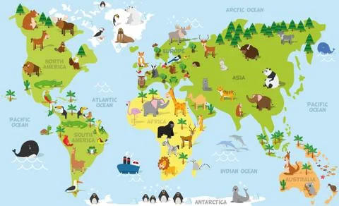 Funny cartoon world map with traditional animals of all the continents and ocean Stock Illustration