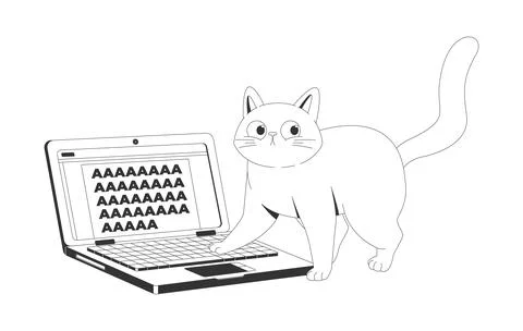 Funny cat accidentally typing on laptop line art character Stock-Illustration