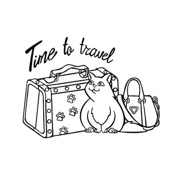 Funny cat and hand drawn text - time to travel. Vector illustration Stock Illustration