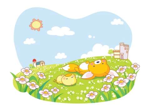 Funny cat and squirrel lying in the park Stock Illustration