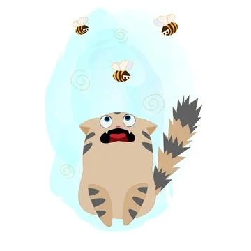 Funny cat and three angry bees vector illustration Isolated on white backgrou Stock Illustration