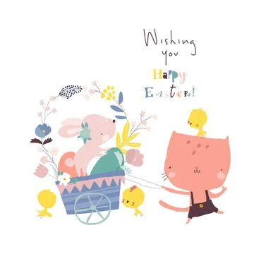 Funny Cat carrying a Cart with Easter Bunny and Eggs Stock Illustration