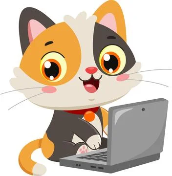 Funny Cat Cartoon Character Using Laptop Computer Illustrazione stock
