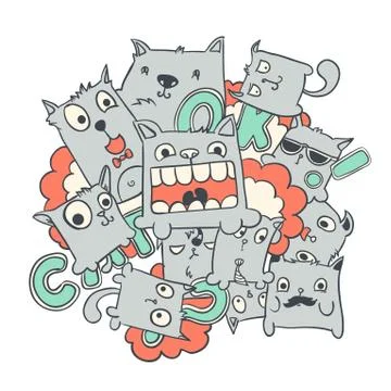 Funny cat doodles, vector illustration Stock Illustration