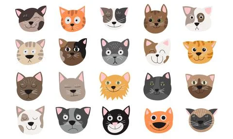 Funny cat face set vector illustration emotions. Cute animal face cat heads c Stock Illustration