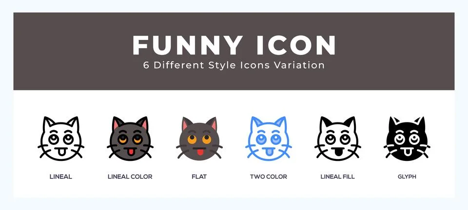 Funny cat icon set with different styles. Design elements for logo. Vector .. Illustrazione stock
