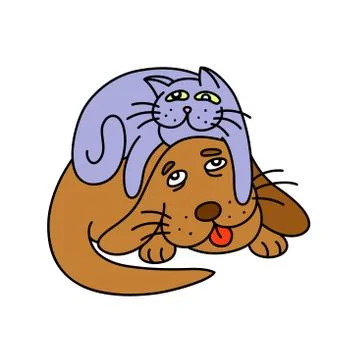 Funny cat laying on the dog. vector illustration. Stock Illustration