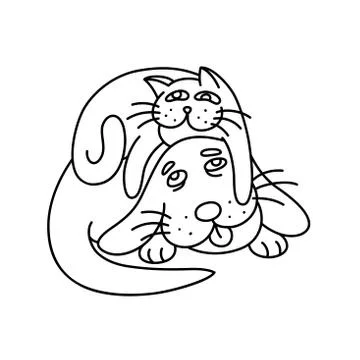 Funny cat laying on the dog. vector illustration. Stock Illustration