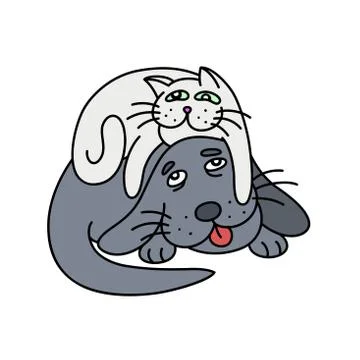 Funny cat laying on the dog. vector illustration. Stock Illustration