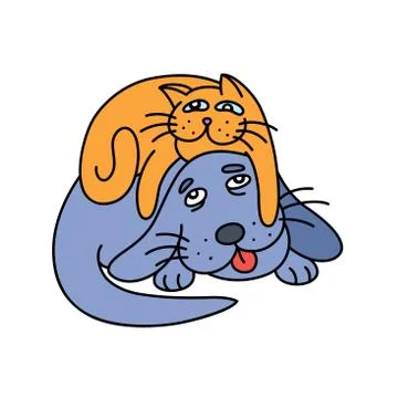 Funny cat laying on the dog. vector illustration. Stock Illustration