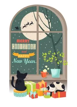 Funny cat looking out of the window behind Santa Claus Stock Illustration