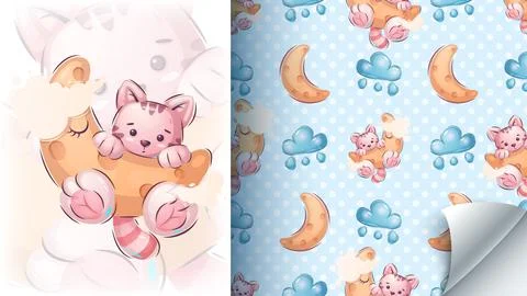 Funny cat in the moon - seamless pattern Stockillustratie