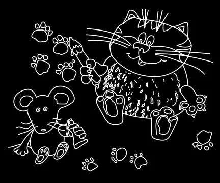 Funny cat with a mouse with a brush on a black background Stock Illustration