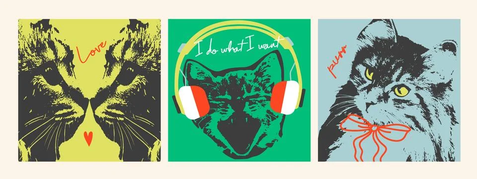 Funny cat poster set. Cute vector illustrations with vintage stippling phot.. Stock Illustration
