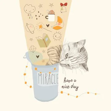 Funny Cat puts Paw in Magic Jar Stock Illustration