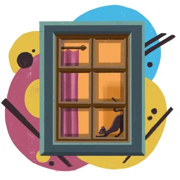 Funny cat reading by the window High illustration Ilustración de archivo
