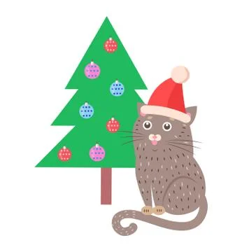 Funny Cat in Red Hat Sitting Near Christmas Tree Stock Illustration