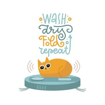 Funny cat siting on robot vacuum cleaner concept illustration with funny Stock Illustration