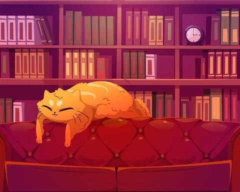 Funny cat sleeping on sofa in library interior Stock-Illustration