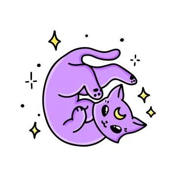 Funny cat of a sorceress, a wizard. Enchanted. Moon symbol in the forehead Stock Illustration