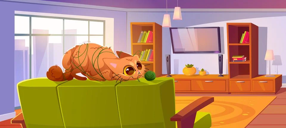 Funny cat tangled with yarn thread lying on sofa Stock Illustration