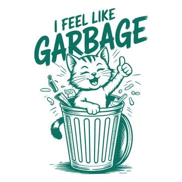 Funny cat in trash can cute animal humor illustration adorable cartoon desi.. Stock Illustration