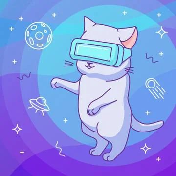 Funny cat with VR helmet in a virtual reality outer space Stock Illustration