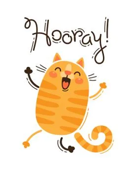 Funny cat yells Hooray. Vector illustration in cartoon style Illustrazione stock