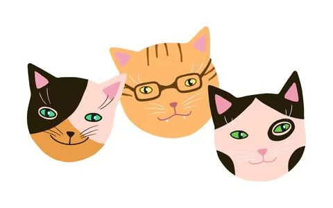 Funny cats muzzles set. Hand drawn cute friends kittens head clip art Stock Illustration