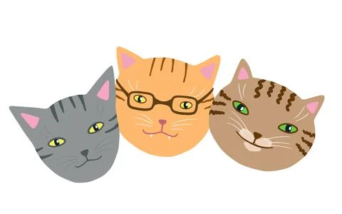 Funny cats muzzles set. Hand drawn cute friends kittens head clip art. Stock Illustration