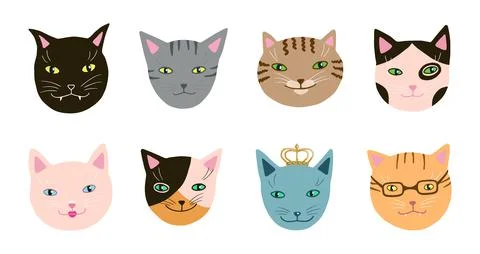 Funny cats muzzles set. Hand drawn cute kittens head clip art Stock Illustration