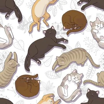 Funny cats seamless pattern on floral background. Cartoon vector art Stock Illustration