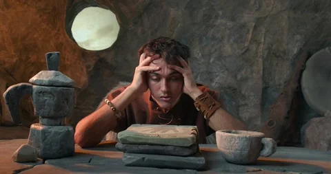 Funny Caveman Feeling Tired and Having Headache Next to Stone Coffee Maker .. Stock Footage 337217457