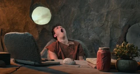 Funny Caveman Yawning and Feeling Tired in Front of Stone Laptop in Prehist.. Stock Footage 337217437