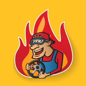 Funny character in goggles with a steering wheel Stock Illustration