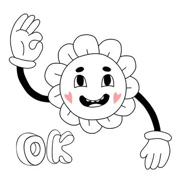 Funny character. Groovy element funky flower power with gloved hands gesture  Stock Illustration
