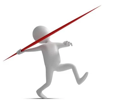 Funny character throws a spear at athletic competition. 3d illustration Ilustración de archivo