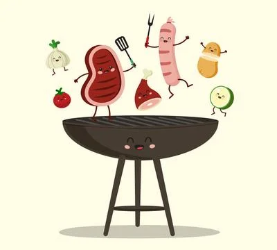 Funny Characters Assorted Delicious Grilled Meat with Vegetables over the ... Stock Photos