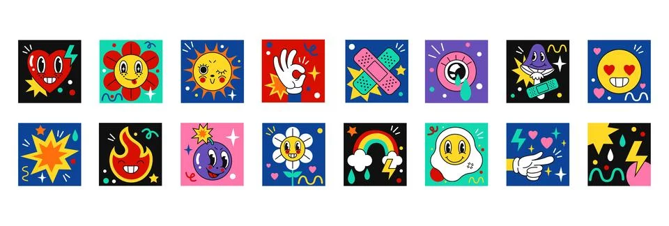 Funny characters. Cute comic graphic, happy fun eye and angry face for humor Stock Illustration