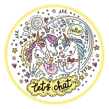 Funny chatting unicorns vector colored doodle illustration Stock Illustration