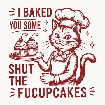 Funny Chef Cat Baking Cupcakes Graphic T Shirt Design Vintage Bakery Kitten.. Illustrazione stock